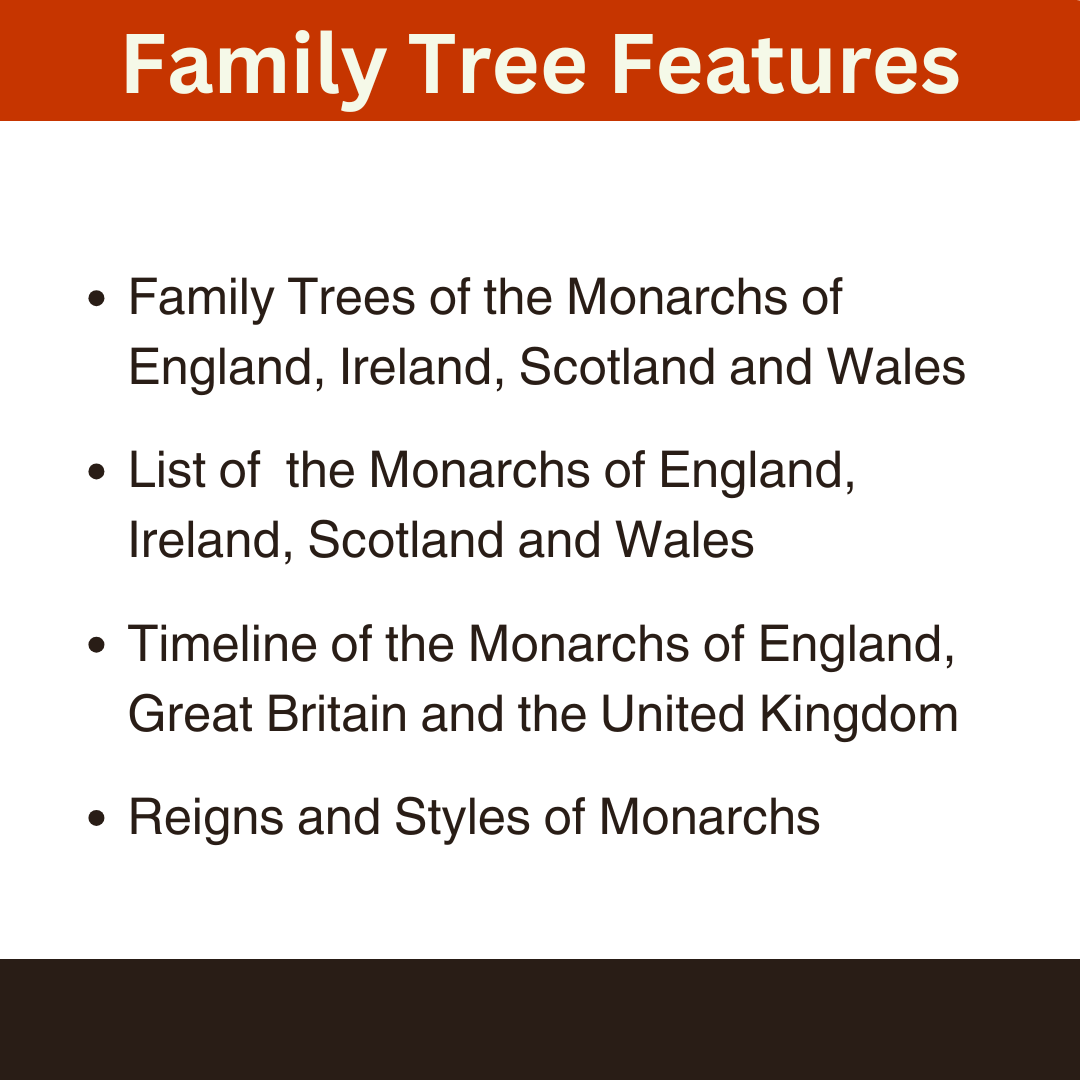 Main features of the Family Trees of the Monarchs of England, Ireland, Scotland and Wales.