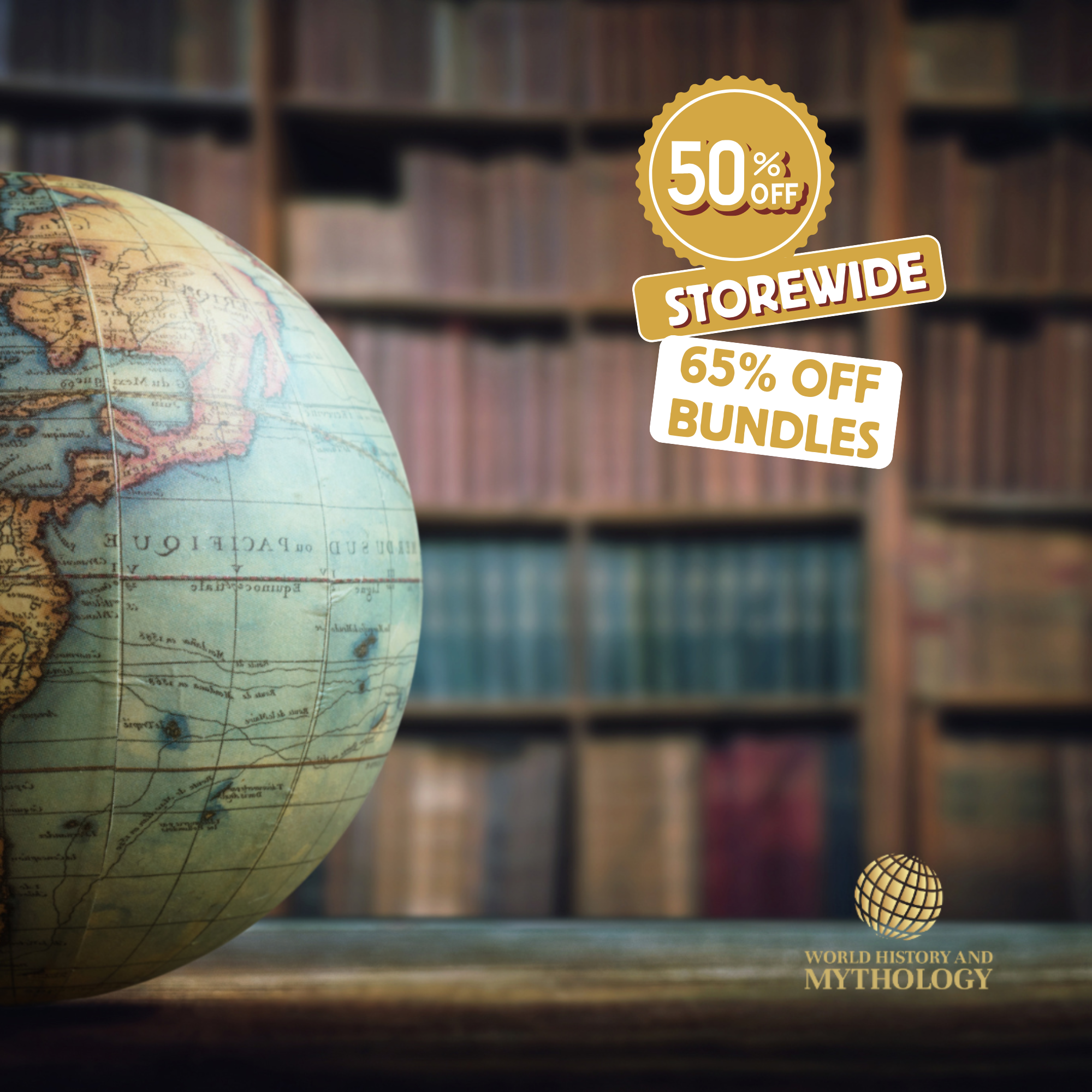 Vintage globe with bookshelf background and promotional text overlay