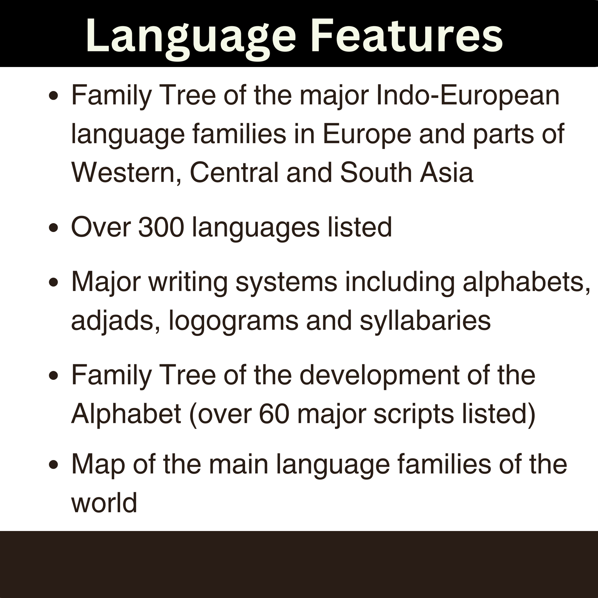Main features of the Major Indo-European language families and Major writing systems.