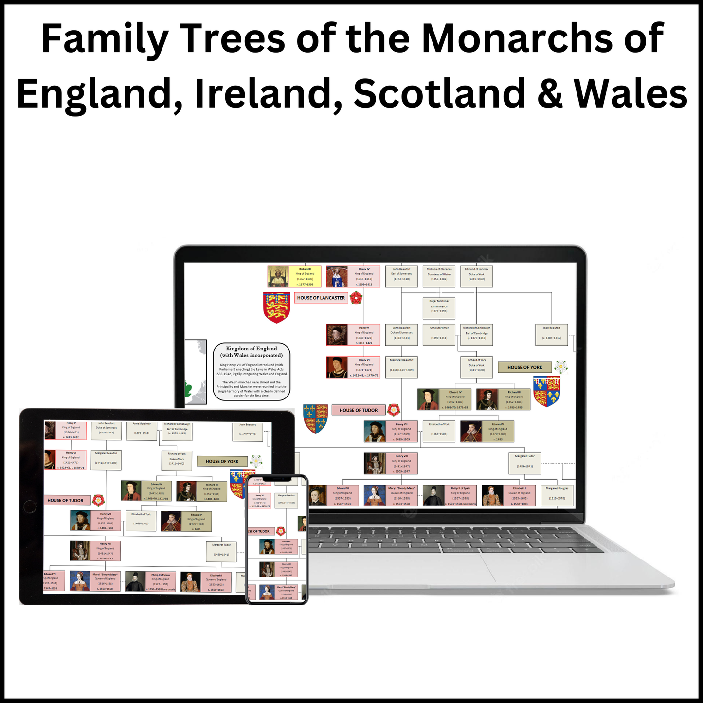 Mockup of the Family Trees of the Monarchs of England, Ireland, Scotland and Wales on a laptop, tablet and phone screen.