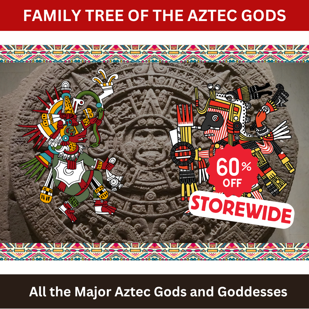 Collage of Aztec Gods and Sun Stone with a 60% off promotion.