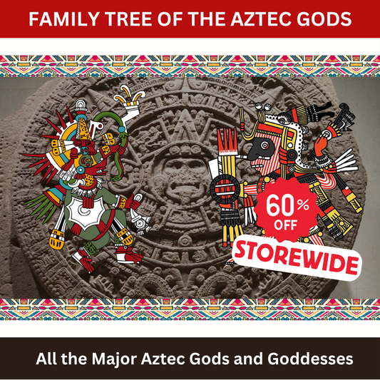 Collage of Aztec Gods and Sun Stone with a 60% off promotion.