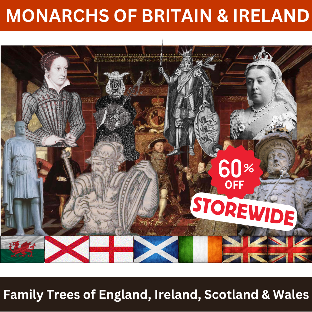 Collage of Monarchs of Britain & Ireland with a 60% off promotion.