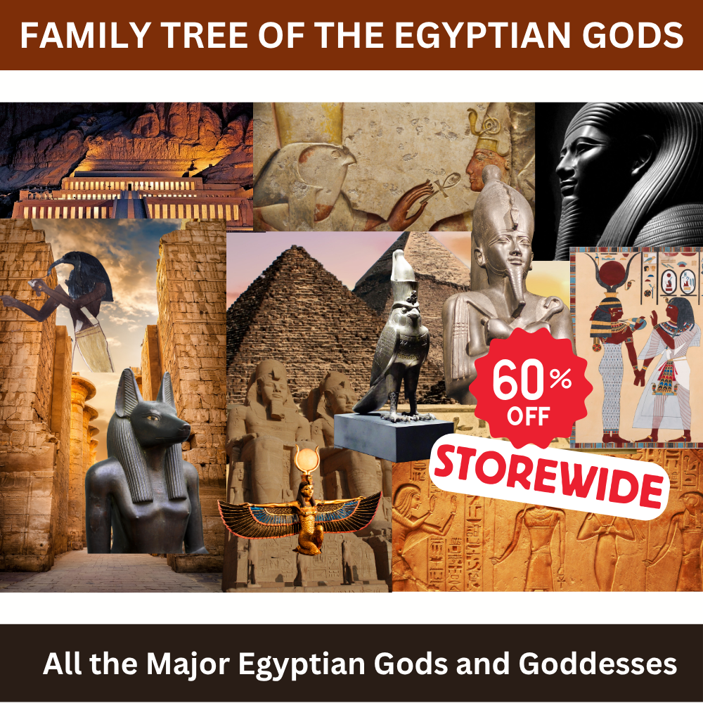 Collage of Egyptian gods and goddesses with a 60% off promotion.