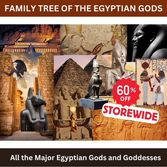 Collage of Egyptian gods and goddesses with a 60% off promotion.