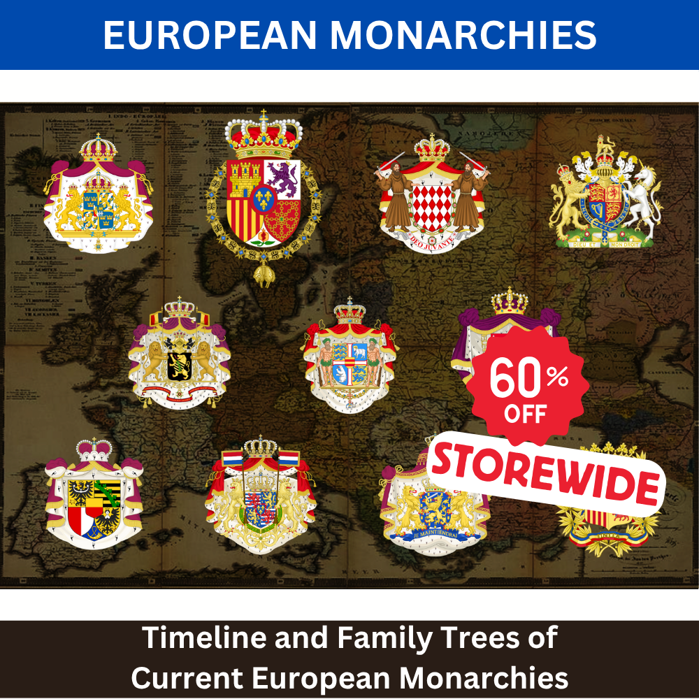 Collection of European monarchies' coats of arms on a map background with a 60% off promotion.