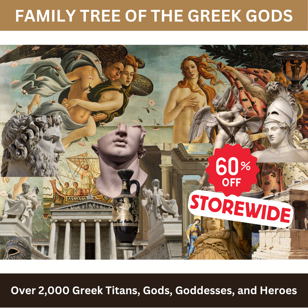 Collage of Classical Greek Gods with a 60% off promotion.