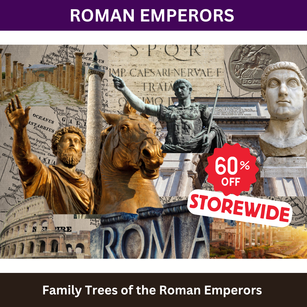 Collage of Roman emperors with a 60% off promotion.