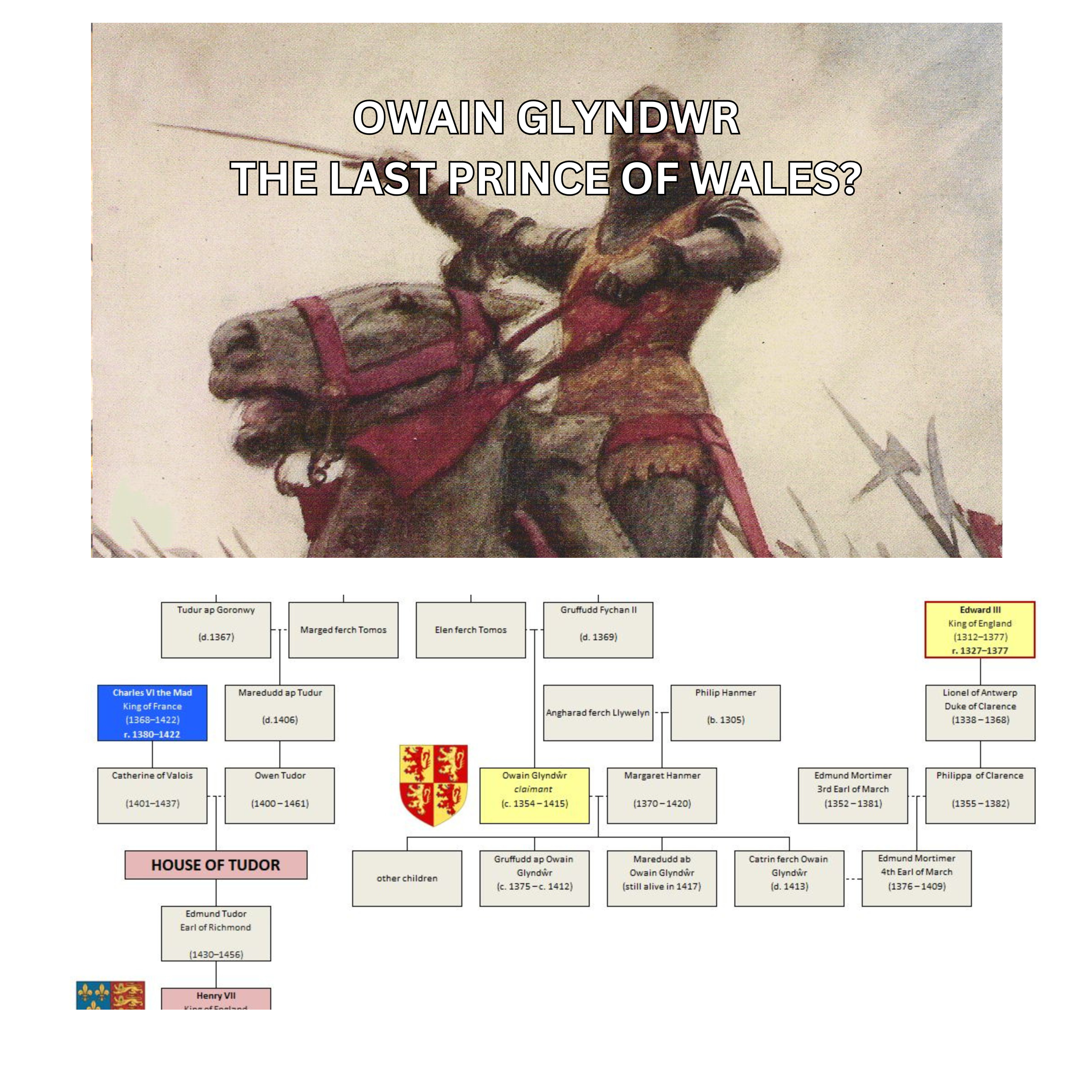 Image of Owain Glyndwr along with the accompanying section of the Welsh Family Tree.
