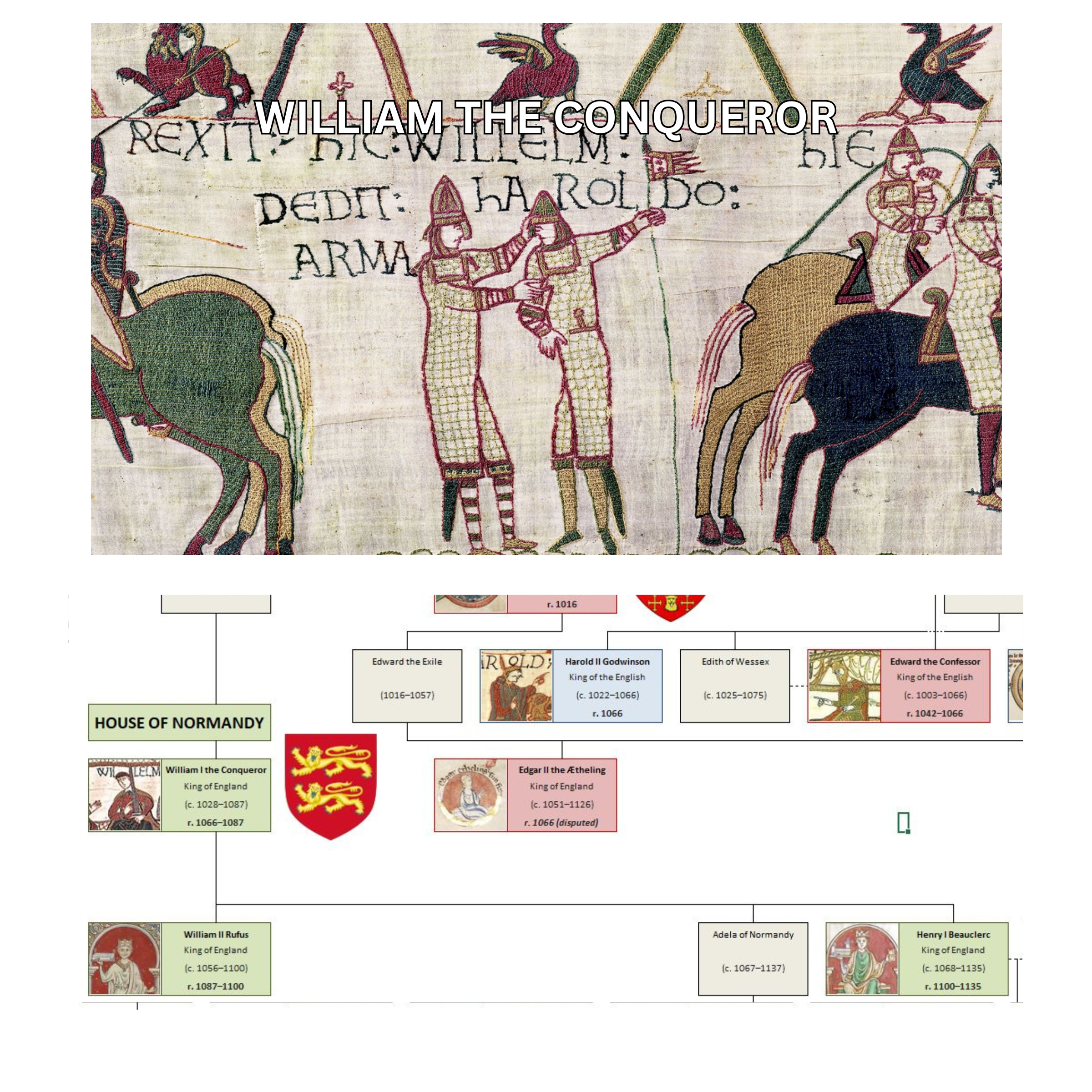 Image of William the Conqueror from the Bayeux Tapestry along with the accompanying section of the English Family Tree.