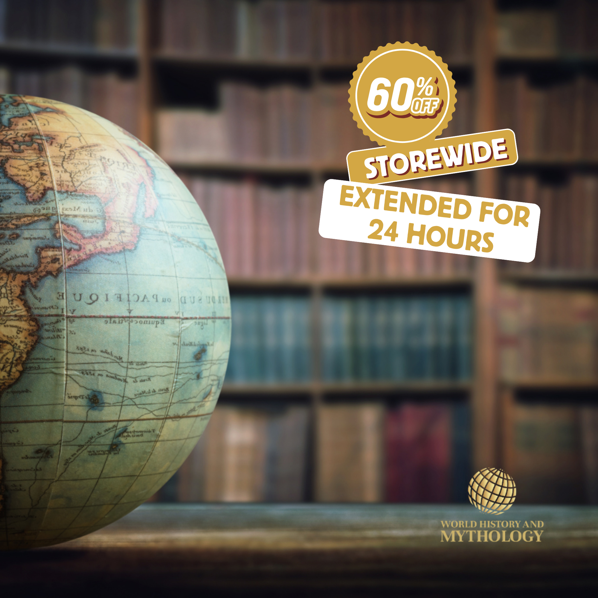 Vintage globe with bookshelf background and promotional text overlay