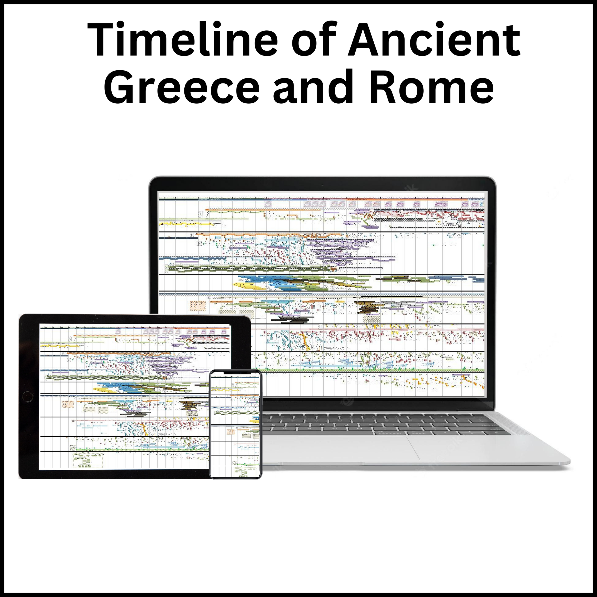 Mockup of the Timeline of Ancient Greece and Rome on a laptop, tablet and phone screen.