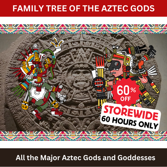 Collage of Aztec Gods and Sun Stone with a 60% off promotion.