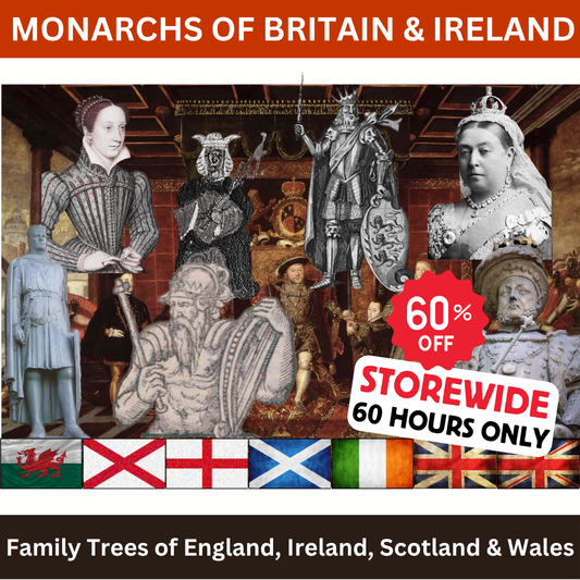 Collage of Monarchs of Britain & Ireland with a 60% off promotion.