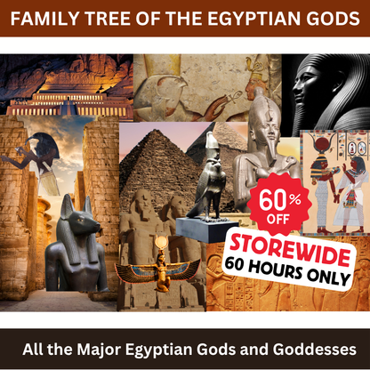Collage of Egyptian gods and goddesses with a 60% off promotion.