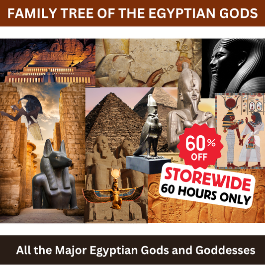 Collage of Egyptian gods and goddesses with a 60% off promotion.