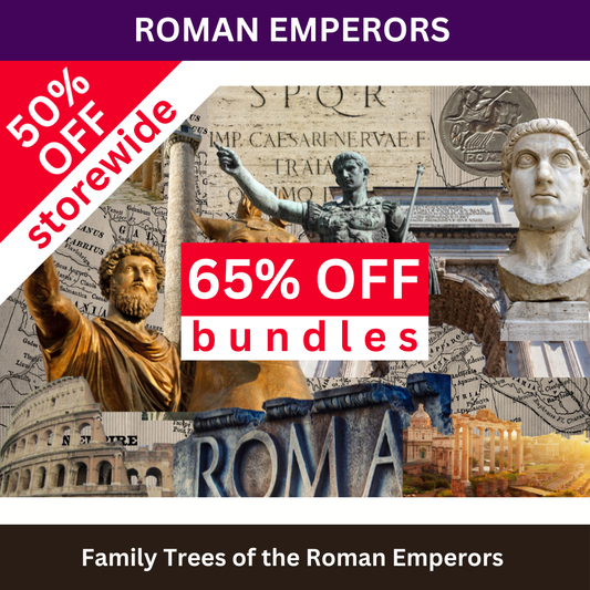 Promotional graphic for Roman Emperors with statues and architectural elements, featuring storewide and bundle discounts.