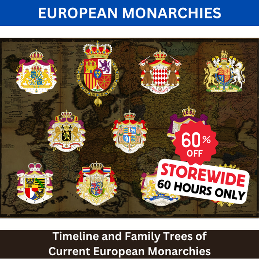 Collection of European monarchies' coats of arms on a map background with a 60% off promotion.