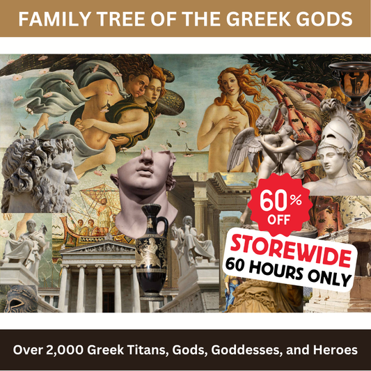Collage of Classical Greek Gods with a 60% off promotion.