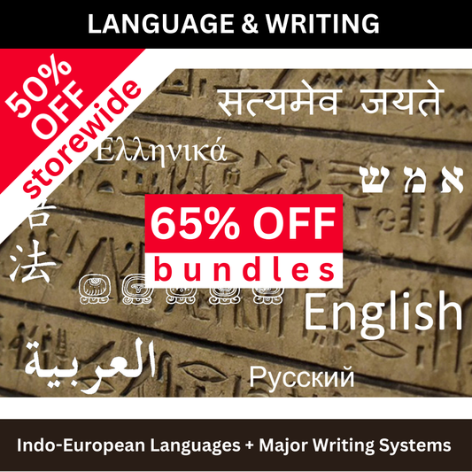 Promotional banner for language and writing courses with text in various scripts featuring discounts.