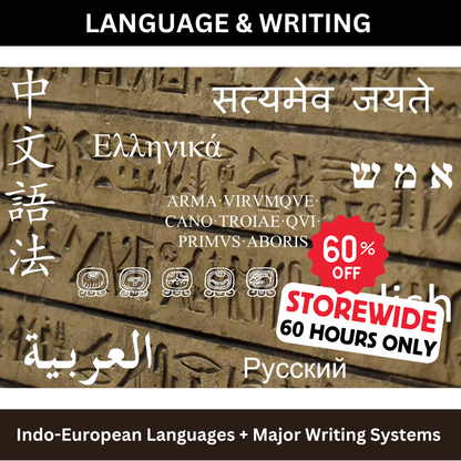 Text in various languages on stone tablet background with a 60% off promotion.