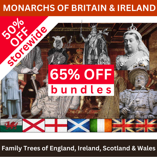 Promotional banner for monarchs of Britain & Ireland with historical figures and flags, featuring storewide and bundle discounts.