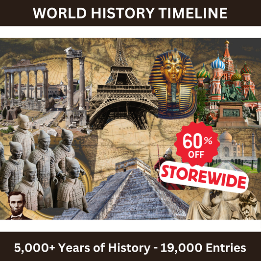 World History Timeline collage with historical landmarks and figures, with a 60% off promotion.