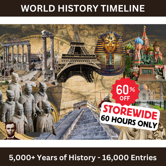 World History Timeline collage with historical landmarks and figures, with a 60% off promotion.