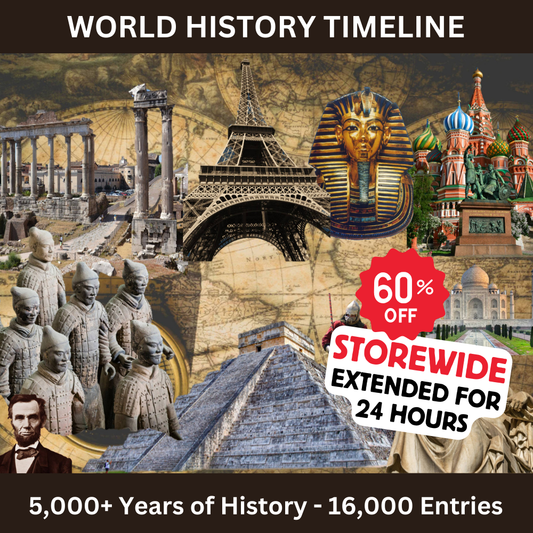 World History Timeline collage with landmarks and historical figures, promotional text overlay.